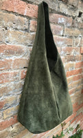 Green slouch bag. Large TOTE leather bag in dark green with zipper. Soft suede leather shopper. Boho carry all bag. Book or laptop bag