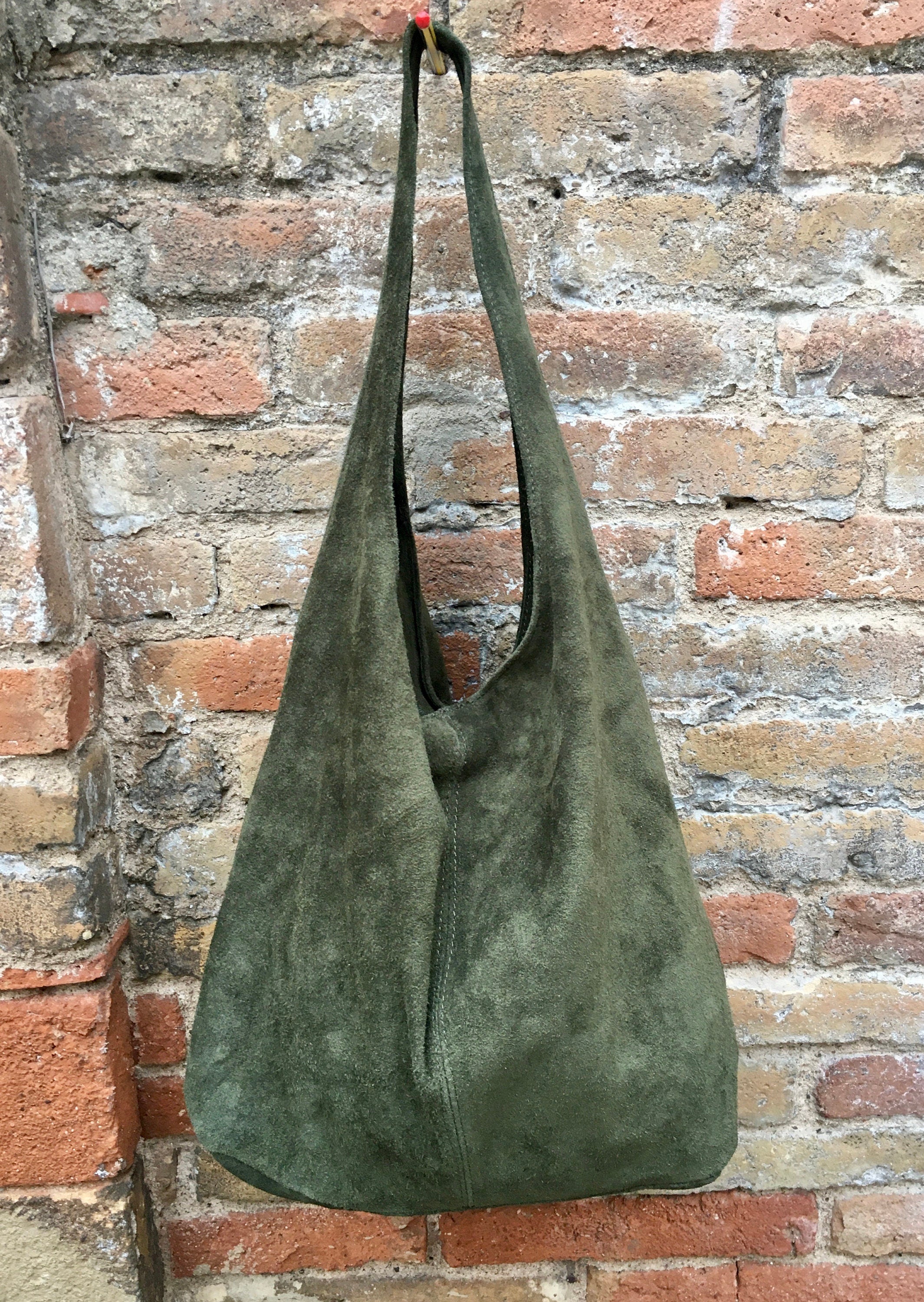 Green slouch bag. Large TOTE leather bag in dark green with zipper. Soft suede leather shopper. Boho carry all bag. Book or laptop bag