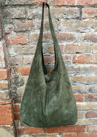 Green slouch bag. Large TOTE leather bag in dark green with zipper. Soft suede leather shopper. Boho carry all bag. Book or laptop bag