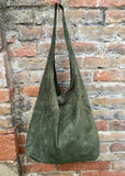 Green slouch bag. Large TOTE leather bag in dark green with zipper. Soft suede leather shopper. Boho carry all bag. Book or laptop bag