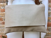 Cross body bag. BOHO grain leather bag in LIGHT BEIGE. Soft genuine grain leather. Crossover, messenger bag with zipper and adjustable strap