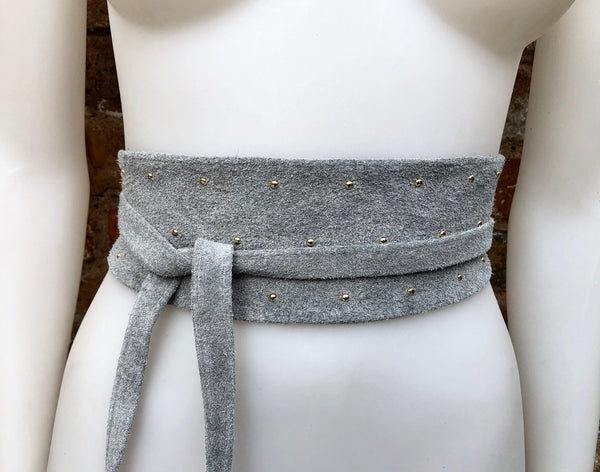 Gray suede OBI belt, SASH in genuine soft suede,waist belt, boho dress belt, genuine leather wrapatound belt, grey studded belt