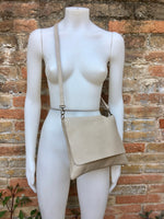 Cross body bag. BOHO grain leather bag in LIGHT BEIGE. Soft genuine grain leather. Crossover, messenger bag with zipper and adjustable strap