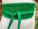 Green suede OBI belt, wraparound belt in soft suede. Genuine leather waist belt, boho GREEN sash. Wrap belt in GREEN suede leather.