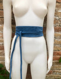 Blue suede obi belt. Soft WRAP belt in natural suede leather. Blue wraparound belt, boho belt, waist belt in denim blue, boho belts in blue