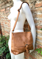 Leather bag in camel brown. Boho messenger bag in saddle brown. Cross body bag in Soft GENUINE leather bag. School or book bag.Tobacco color