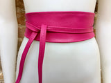 Obi belt in soft leather. Wrap belt in HOT PINK. Waist belt in PINK. Magenta wraparound belt. Shocking pink sash. Fuchsia boho dress belts.