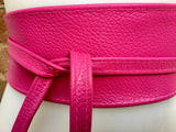 Obi belt in soft leather. Wrap belt in HOT PINK. Waist belt in PINK. Magenta wraparound belt. Shocking pink sash. Fuchsia boho dress belts.