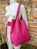PINK tote leather bag + belt. Soft GENUINE leather bag + belt set. Large fuchsia leather shopper. Computer, tablet, Laptop bag. Pink purse