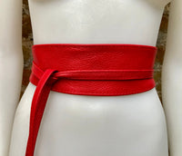 Obi belt in soft leather. Wrap belt in RED. Waist belt in Bright red. Dress , wraparound belt or sash. Boho leather belt.