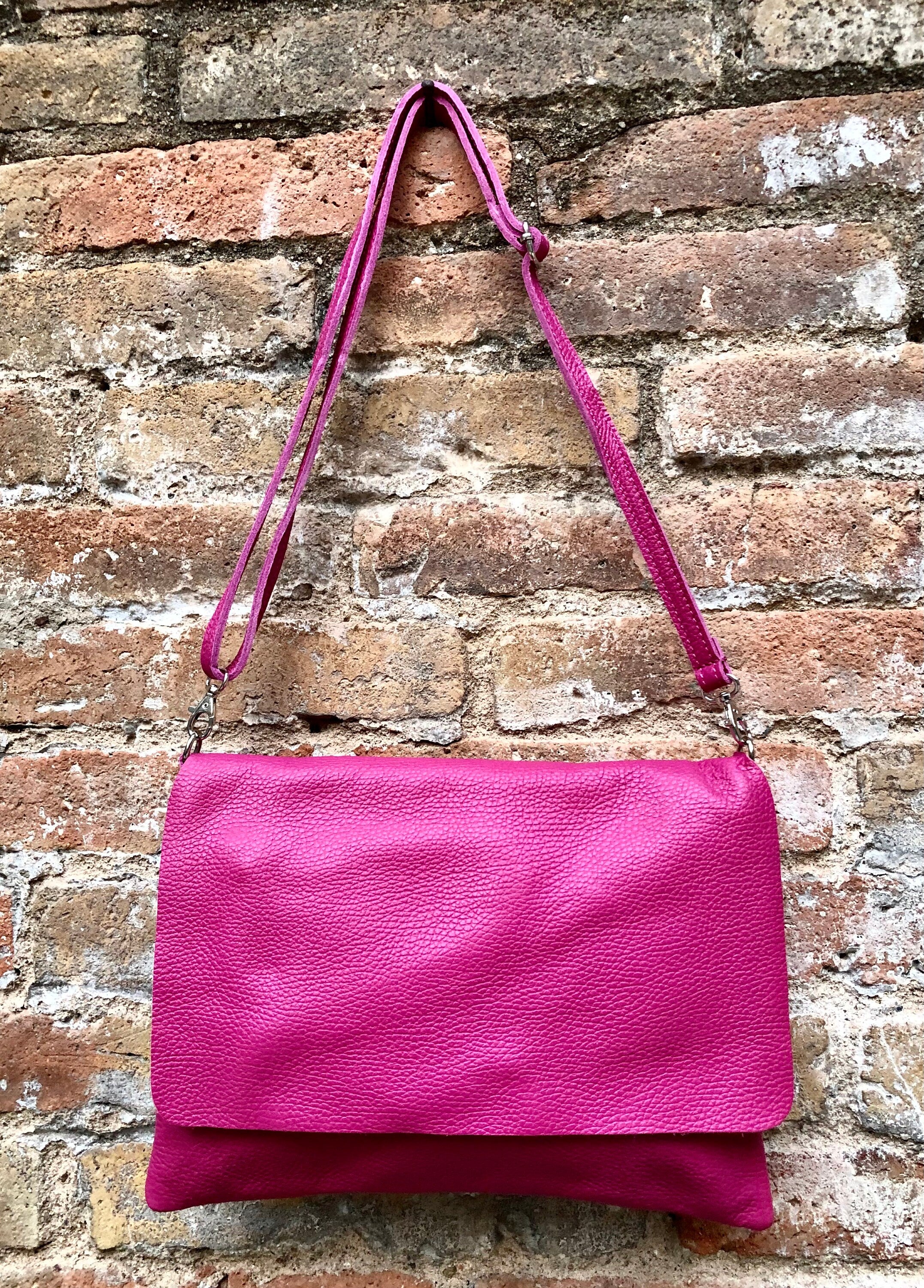 Crossbody leather bag in fuchsia PINK. Genuine soft leather. Hot pink crossover, messenger bag. Zipper + adjustable strap. Hot pink purse