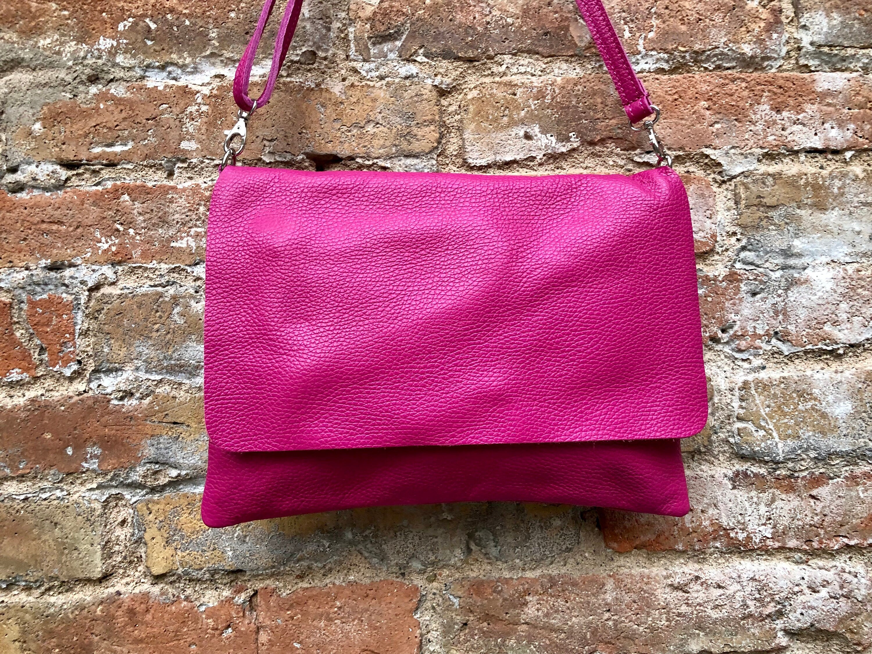 Crossbody leather bag in fuchsia PINK. Genuine soft leather. Hot pink crossover, messenger bag. Zipper + adjustable strap. Hot pink purse