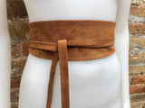 Obi belt in suede.Wrap belt in saddle brown. Genuine leather wraparound belt in brown, camel brown belt,TAN leather belt, tobacco brown belt