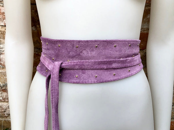 Light purple suede OBI belt, SASH in genuine soft suede,waist belt, boho dress belt, genuine leather wrapatound belt, mauve studded belt