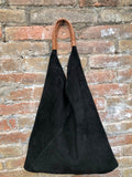 Slouch leather bag in BLACK suede . Large shoulder bag in genuine leather. Suede origami bag with brown leather accent. Large shopper bag