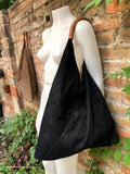 Slouch leather bag in BLACK suede . Large shoulder bag in genuine leather. Suede origami bag with brown leather accent. Large shopper bag