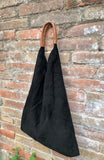 Slouch leather bag in BLACK suede . Large shoulder bag in genuine leather. Suede origami bag with brown leather accent. Large shopper bag