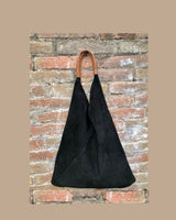 Slouch leather bag in BLACK suede . Large shoulder bag in genuine leather. Suede origami bag with brown leather accent. Large shopper bag