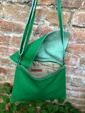 GREEN Cross body / shoulder bag. Genuine leather bag. Medium sized flat messenger bag with zipper + adjustable strap. Green leather purse