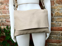 Cross body bag. BOHO grain leather bag in LIGHT BEIGE. Soft genuine grain leather. Crossover, messenger bag with zipper and adjustable strap