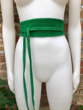 Green suede OBI belt, wraparound belt in soft suede. Genuine leather waist belt, boho GREEN sash. Wrap belt in GREEN suede leather.