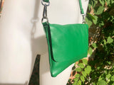 Small leather bag in green. Cross body or shoulder bag in GENUINE leather. Green leather bag with adjustable strap, zipper and flap.