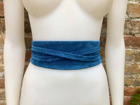 Blue suede obi belt. Soft WRAP belt in natural suede leather. Blue wraparound belt, boho belt, waist belt in denim blue, boho belts in blue