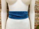 Blue suede obi belt. Soft WRAP belt in natural suede leather. Blue wraparound belt, boho belt, waist belt in denim blue, boho belts in blue