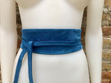 Blue suede obi belt. Soft WRAP belt in natural suede leather. Blue wraparound belt, boho belt, waist belt in denim blue, boho belts in blue