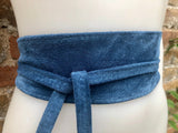 Blue suede obi belt. Soft WRAP belt in natural suede leather. Blue wraparound belt, boho belt, waist belt in denim blue, boho belts in blue