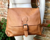 Leather bag in camel brown. Boho messenger bag in saddle brown. Cross body bag in Soft GENUINE leather bag. School or book bag.Tobacco color