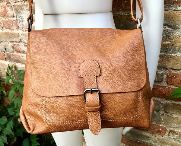 Leather bag in camel brown. Boho messenger bag in saddle brown. Cross body bag in Soft GENUINE leather bag. School or book bag.Tobacco color