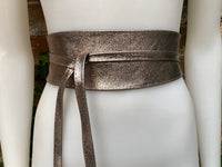 BRONZE OBI belt in natural soft leather. Waist belt,wide leather belt, metallic, wrap belt, boho sash, boho wraparound dark GOLD belt