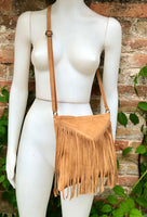 Cross body bag. BOHO suede leather bag in CAMEL brown with FRINGES. Messenger bag in soft genuine suede leather. Crossbody hippy bag