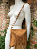 Cross body bag. BOHO suede leather bag in CAMEL brown with FRINGES. Messenger bag in soft genuine suede leather. Crossbody hippy bag