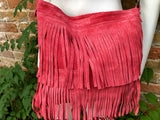 Cross body bag. BOHO suede leather bag in CORAL red with FRINGES. Larger style. Genuine suede messenger bag Fuchsia hippy bag in leatheri