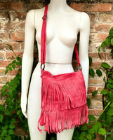 Cross body bag. BOHO suede leather bag in CORAL red with FRINGES. Larger style. Genuine suede messenger bag Fuchsia hippy bag in leatheri