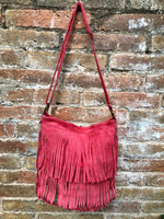 Cross body bag. BOHO suede leather bag in CORAL red with FRINGES. Larger style. Genuine suede messenger bag Fuchsia hippy bag in leatheri