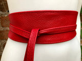 Obi belt in soft leather. Wrap belt in RED. Waist belt in Bright red. Dress , wraparound belt or sash. Boho leather belt.