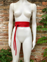 Obi belt in soft leather. Wrap belt in RED. Waist belt in Bright red. Dress , wraparound belt or sash. Boho leather belt.