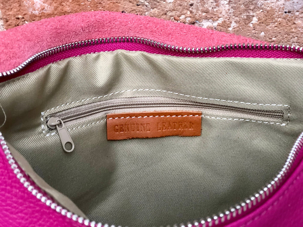 Crossbody leather bag in fuchsia PINK. Genuine soft leather. Hot pink crossover, messenger bag. Zipper + adjustable strap. Hot pink purse