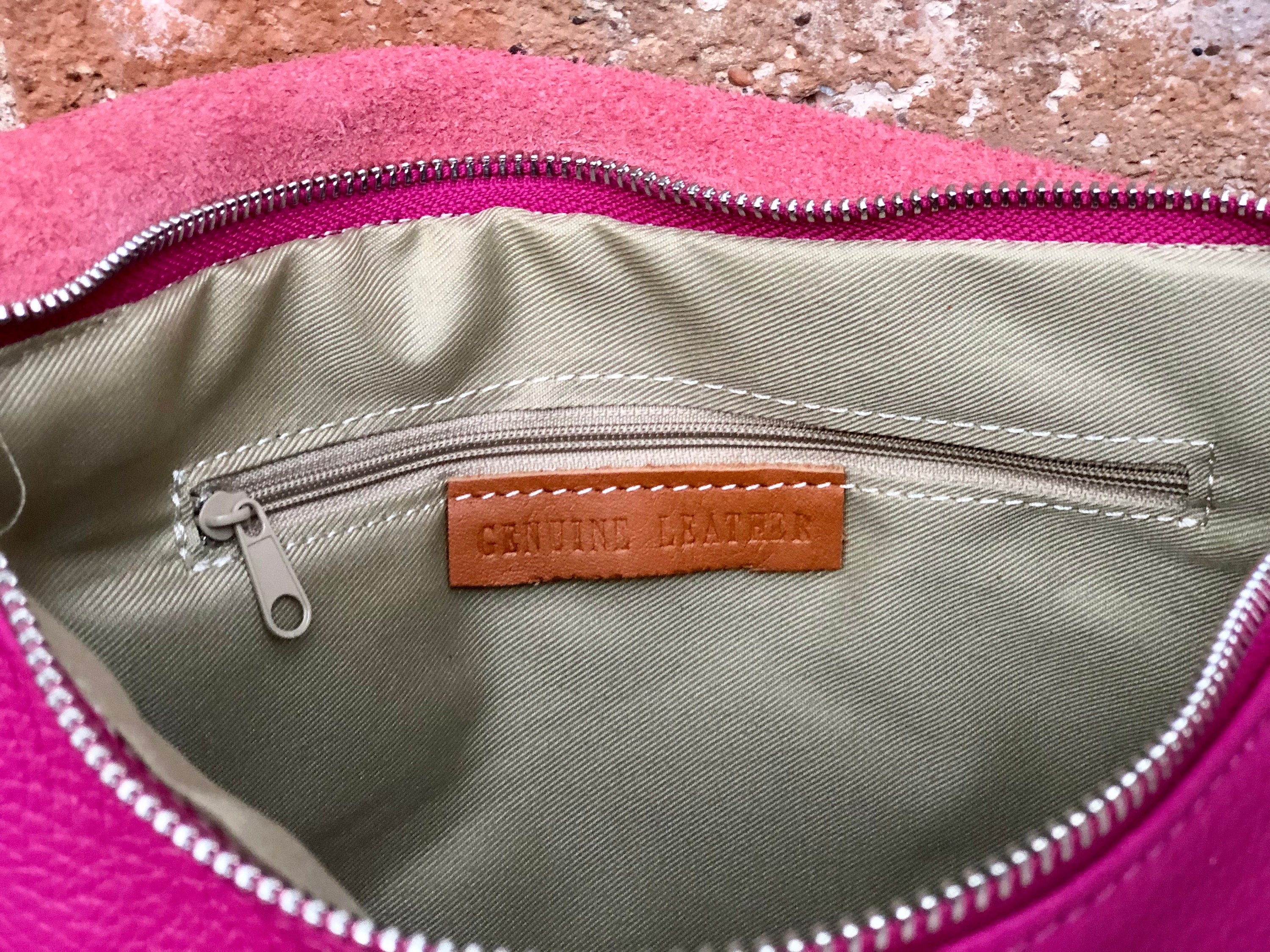 Crossbody leather bag in fuchsia PINK. Genuine soft leather. Hot pink crossover, messenger bag. Zipper + adjustable strap. Hot pink purse