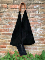 Slouch leather bag in BLACK suede . Large shoulder bag in genuine leather. Suede origami bag with brown leather accent. Large shopper bag