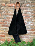 Slouch leather bag in BLACK suede . Large shoulder bag in genuine leather. Suede origami bag with brown leather accent. Large shopper bag