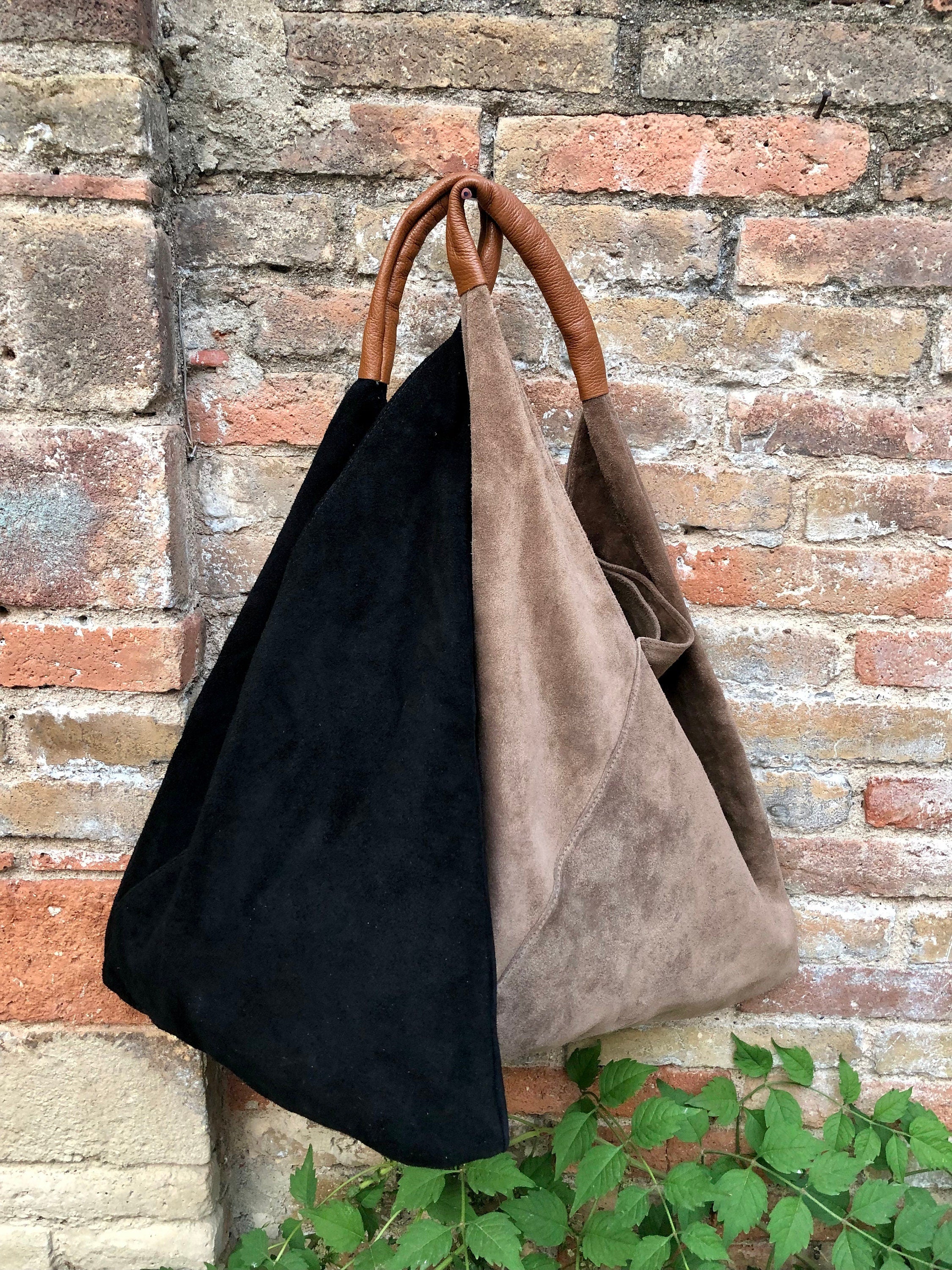Slouch leather bag in dark brown suede. Genuine leather shoulder bag. Origami bag + camel brown leather accent. Large shopper. Brown purse