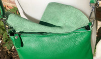 Small leather bag in green. Cross body or shoulder bag in GENUINE leather. Green leather bag with adjustable strap, zipper and flap.