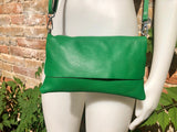 Small leather bag in green. Cross body or shoulder bag in GENUINE leather. Green leather bag with adjustable strap, zipper and flap.