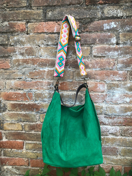 Green slouch suede leather bag with 2 different straps Hobo shoulder bag.: 1 brown leather strap + removable geometric boho guitar strap.