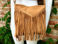 Cross body bag. BOHO suede leather bag in CAMEL brown with FRINGES. Messenger bag in soft genuine suede leather. Crossbody hippy bag