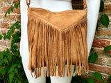 Cross body bag. BOHO suede leather bag in CAMEL brown with FRINGES. Messenger bag in soft genuine suede leather. Crossbody hippy bag